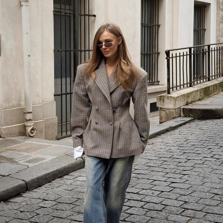 Women Elegant Checked Blazer with Double-Breasted Buttons Lune London