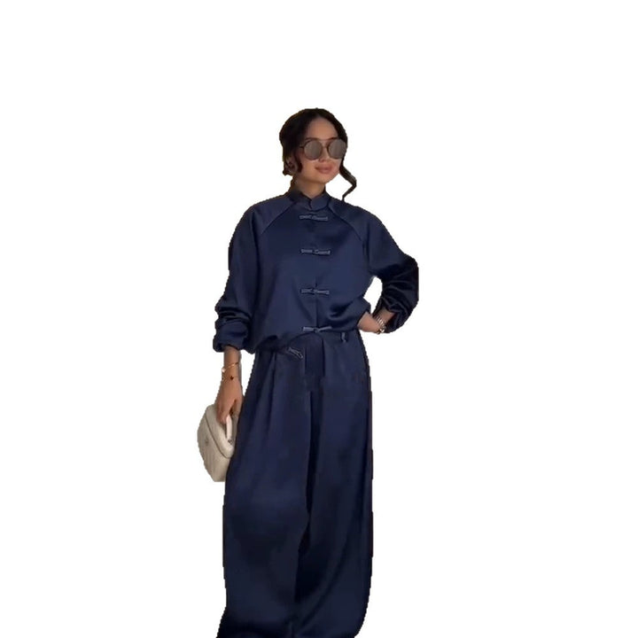 Women’s satin two-piece with traditional toggle closures and wide pants skirt Amarae