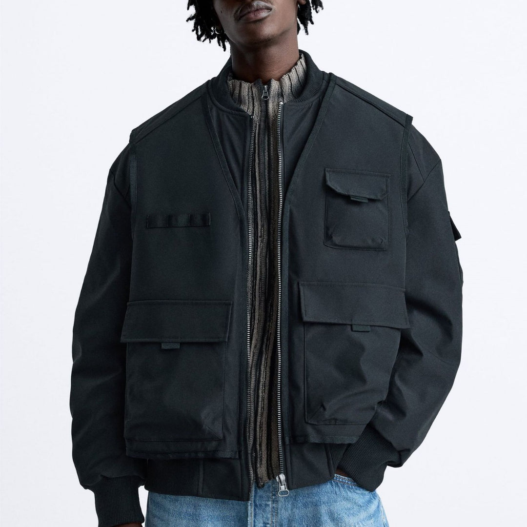 Men's Utility Blouson with Multiple Pockets and Stand-up Collar Amarae