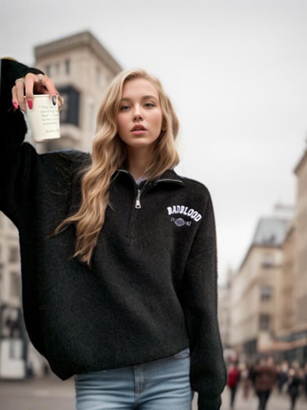 Soft half-zip pullover for women with relaxed fit and elegant embroidery Lune London