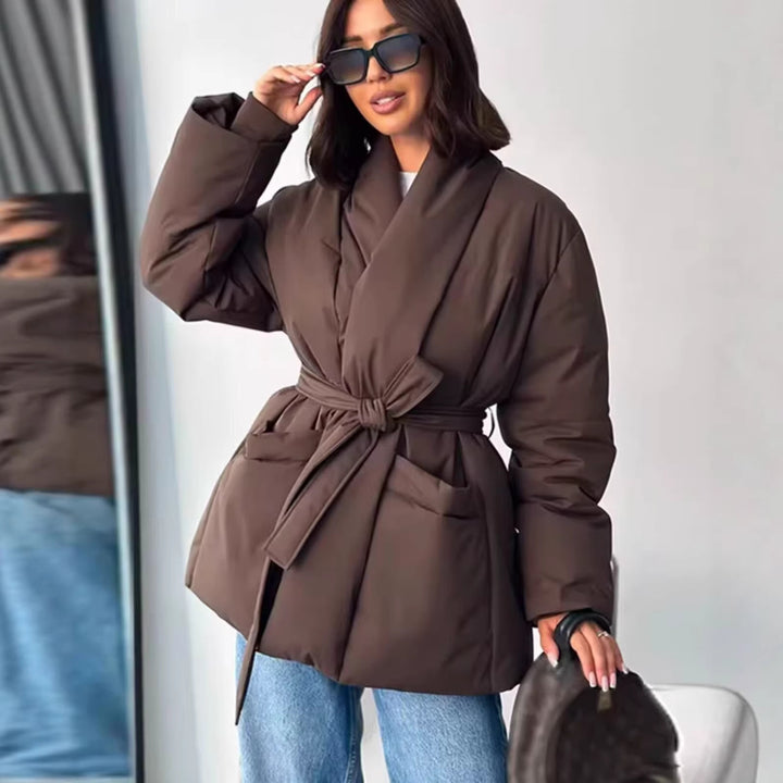 Ladies Quilted Short Jacket with Shawl Collar and Waist Belt Amarae