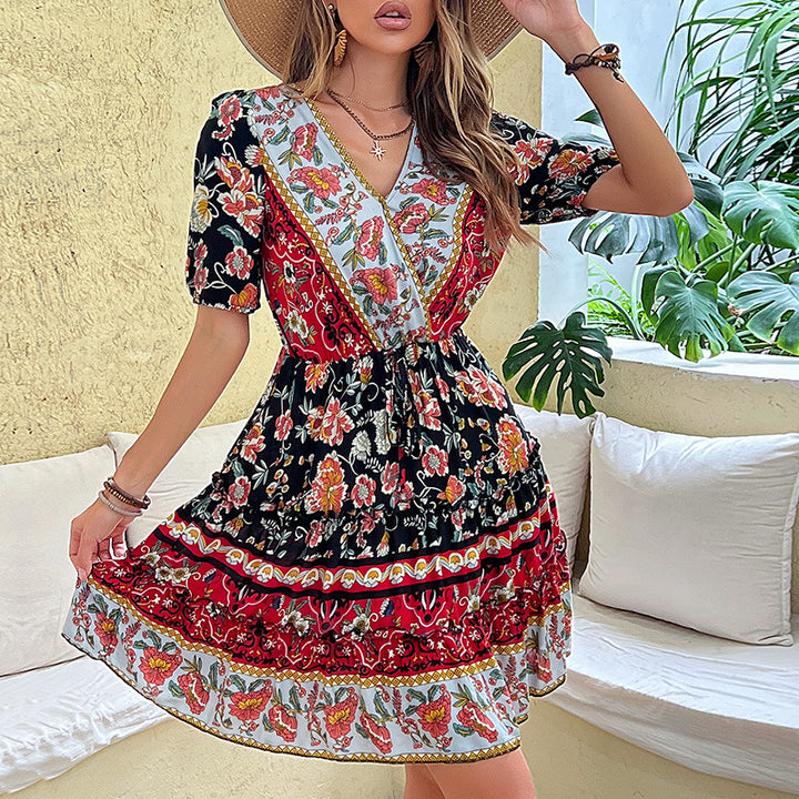 Boho-chic floral wrap dress with ruffles for women Lune London
