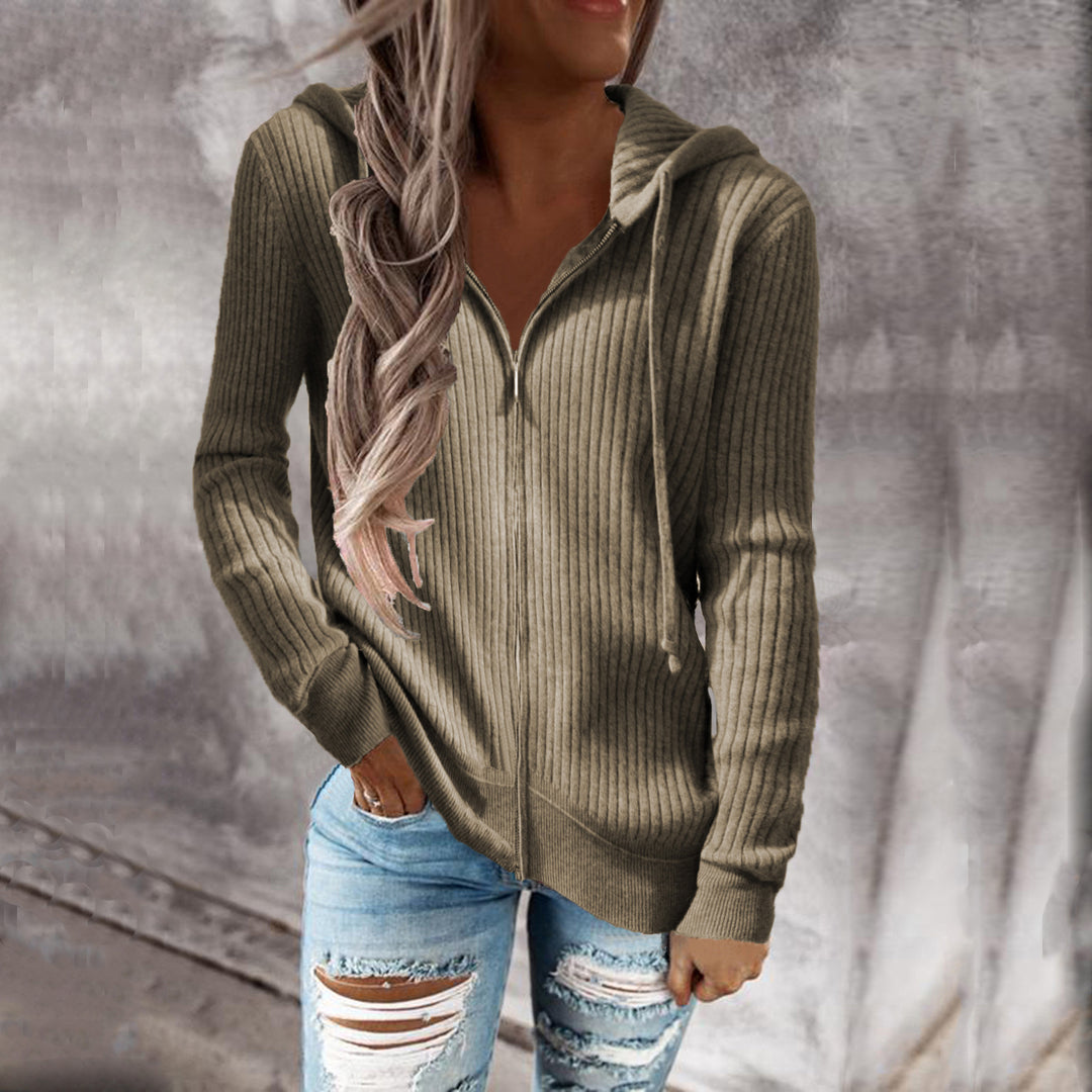 Knitted women's jacket with hood and ribbed structure Lune London