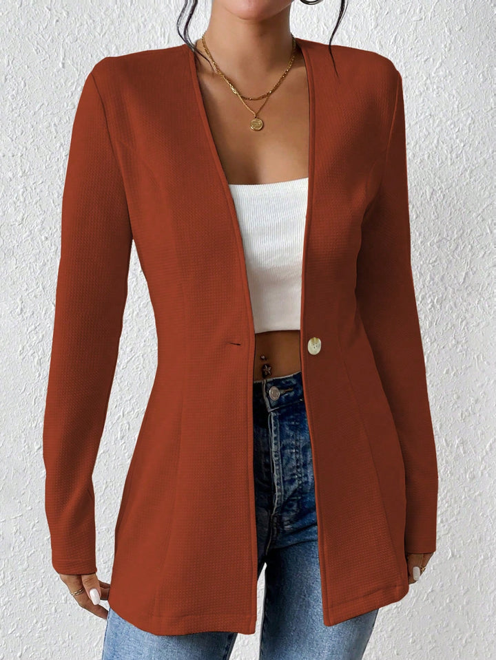Ladies Tailored Long Blazer with V-Neck and One-Button Closure Amarae
