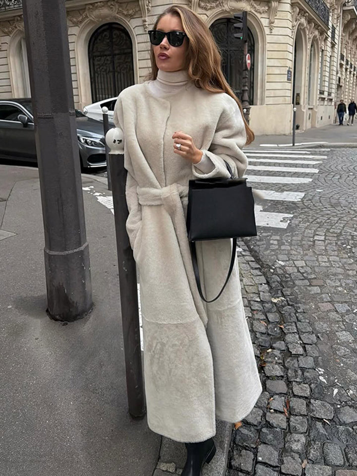 Women's Oversize Longer Faux Fur Coat with Waist Belt and Stand-up Collar Amarae