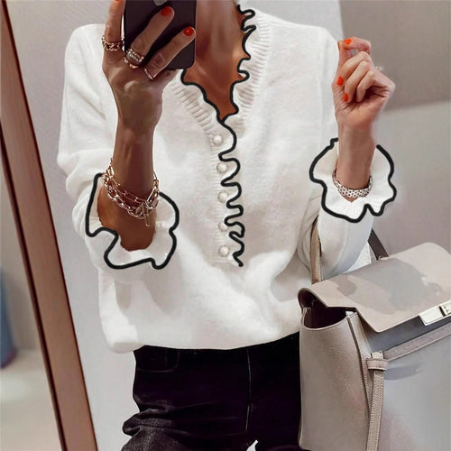 Ladies elegant sweatshirt with gathered details and pearl button Amarae