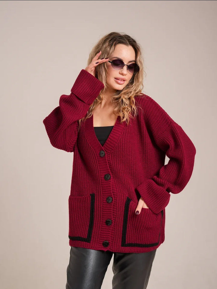 Comfortable knit cardigan for women with large pockets and decorative button details Lune London