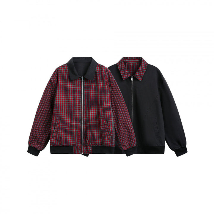 Unisex Reversible Zipper Jacket with Checkered Pattern and Smooth Back Amarae