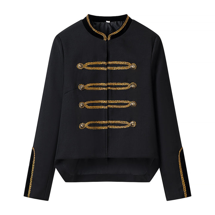 Women's short military-inspired jacket with golden decorative cord and stand-up collar Amarae