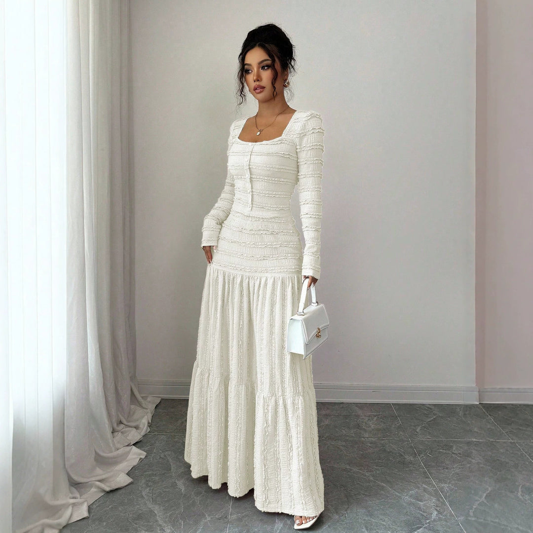 Women's Figure-Hugging Ruffle Maxi Dress with Square Neckline and Button Placket Amarae
