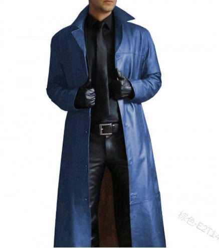 Men's Long Vegan Leather Trench Coat