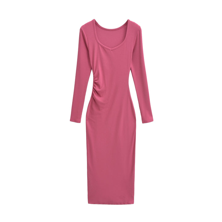 Women's Fitted Midi Dress with Side Ruching and Double Neckline Amarae