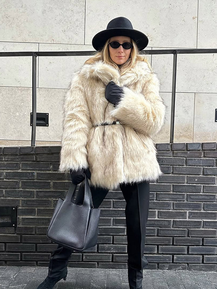 Women short coat made of faux fur with waist belt and voluminous shawl collar Amarae