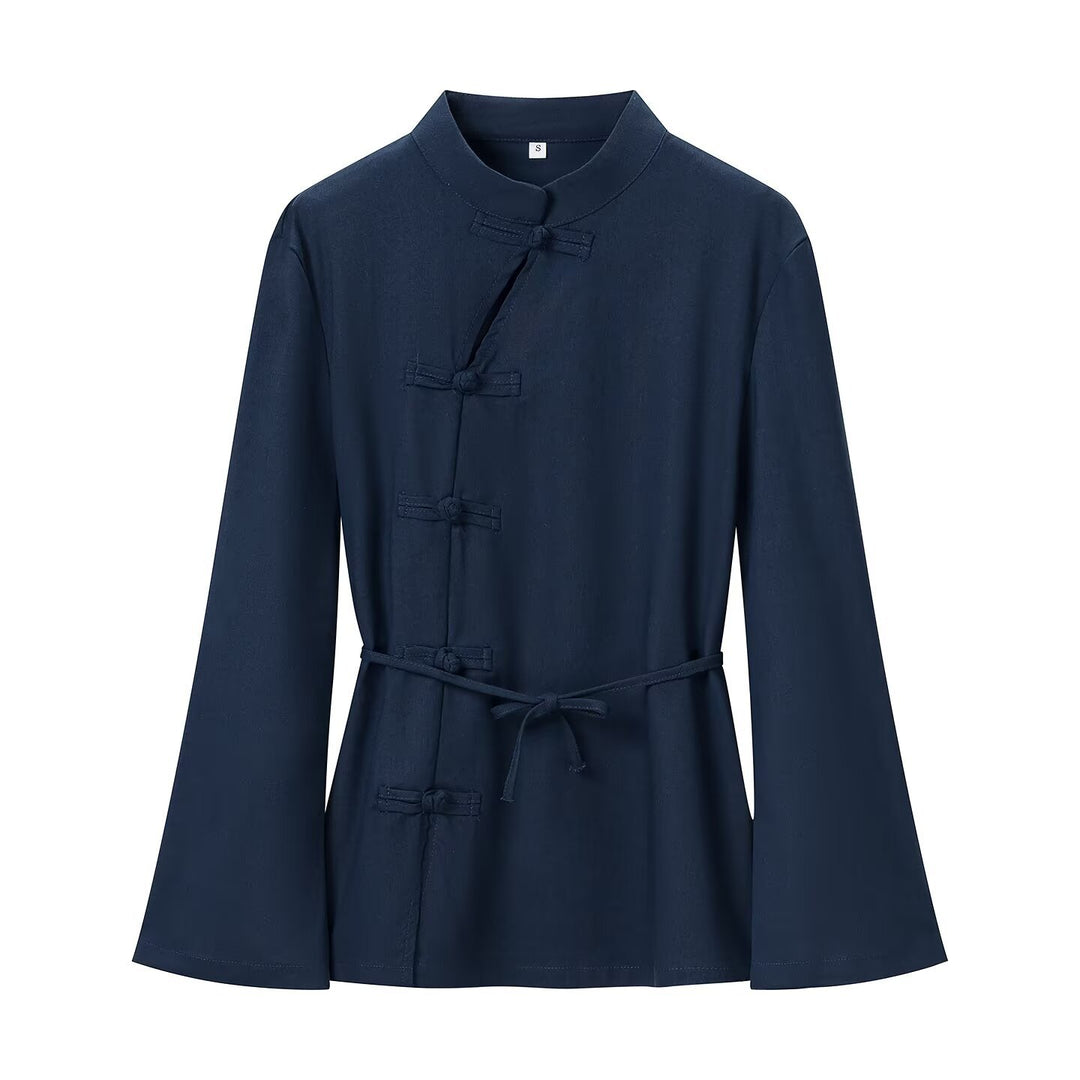 Women Two-Piece Relax Set in Tang Style with Stand-Up Collar, Knot Closures, and Elastic Leg Openings Amarae