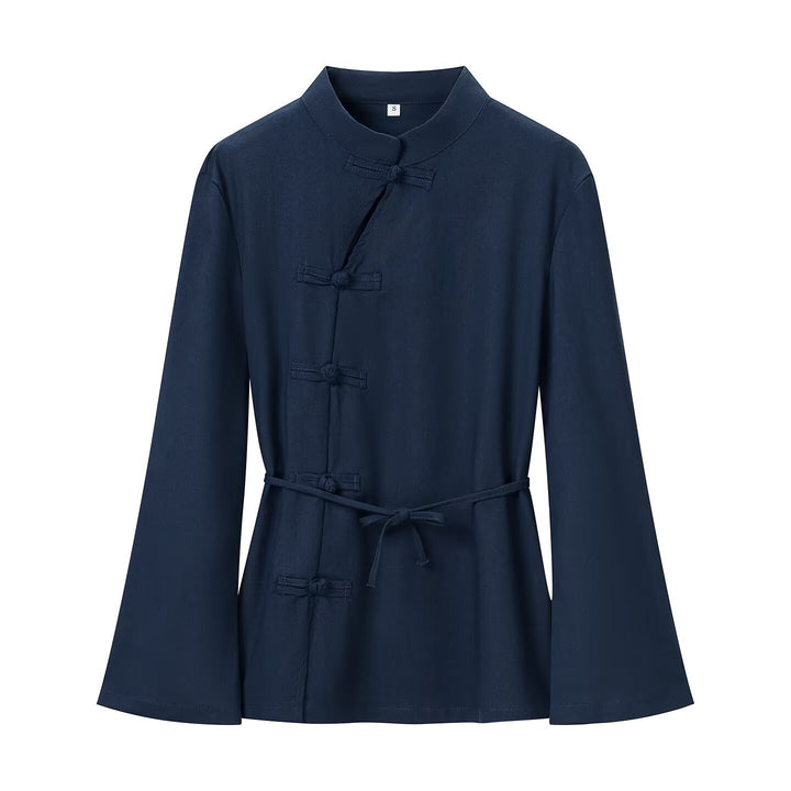 Women Two-Piece Relax Set in Tang Style with Stand-Up Collar, Knot Closures, and Elastic Leg Openings Amarae