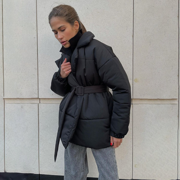 Women Elegant and warm quilted jacket with waist belt Lune London