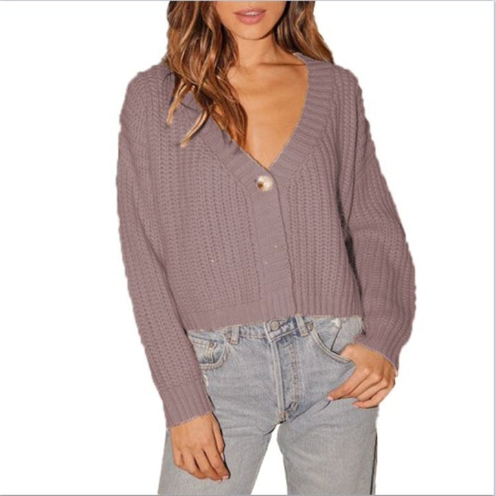 Chunky knit cardigan for women with deep V-neck and decorative button details Lune London