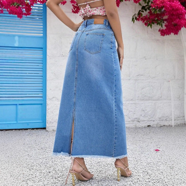 Ladies high-waisted denim maxi skirt with straight cut, decorative seams and raw fringe hem Amarae
