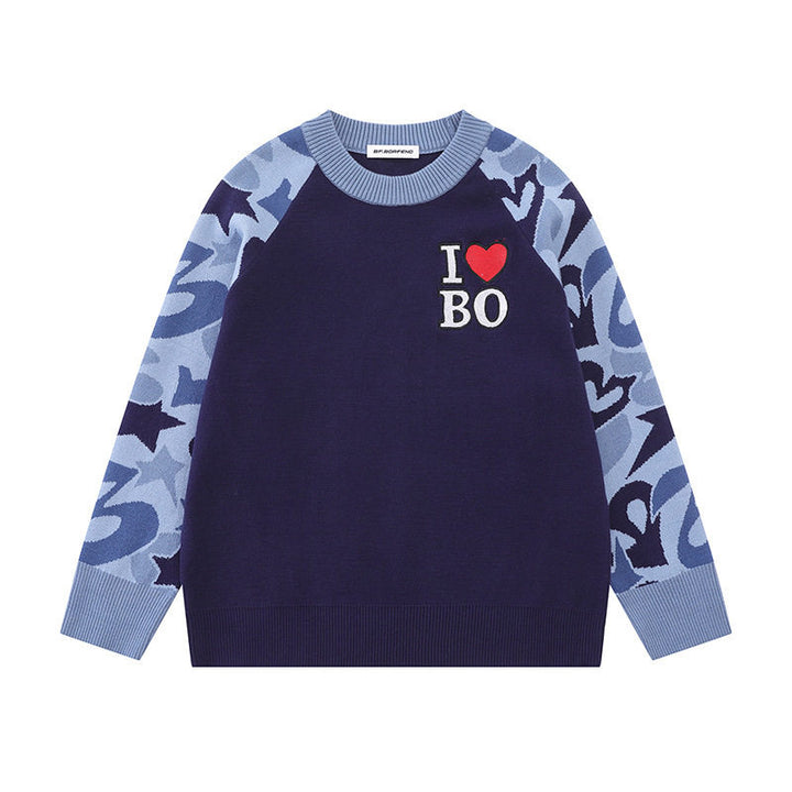 Women's knit sweater with raglan sleeves, statement jacquard sleeves, and ribbed hem Amarae