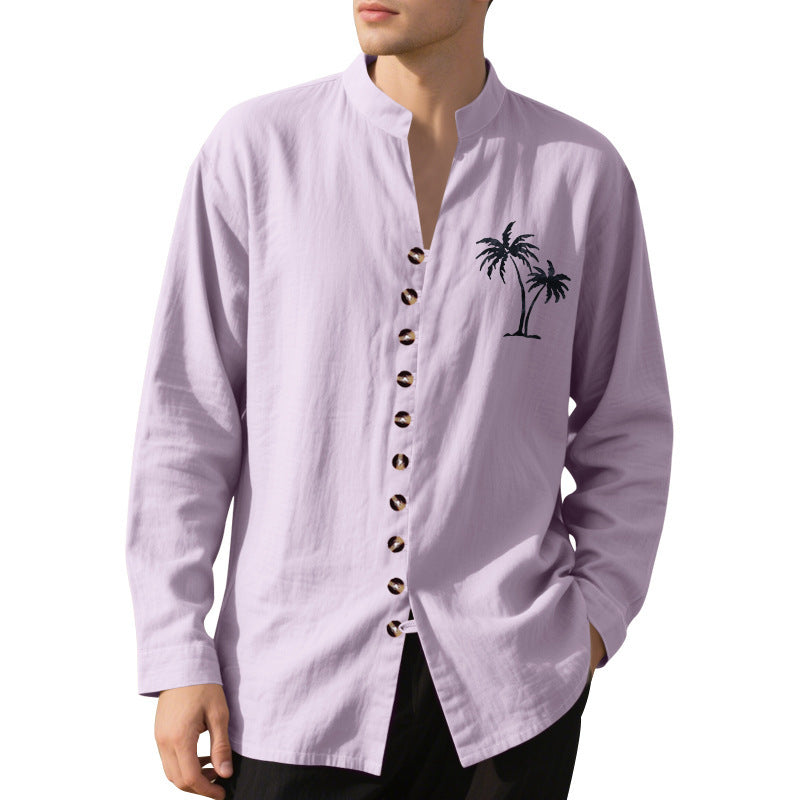 Casual long sleeve shirt for men with modern stand-up collar and palm tree pattern Lune London
