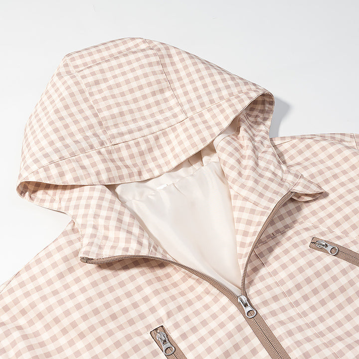 Women's Lightweight Checkered Hooded Jacket with Drawstring and Zipper Pockets Amarae