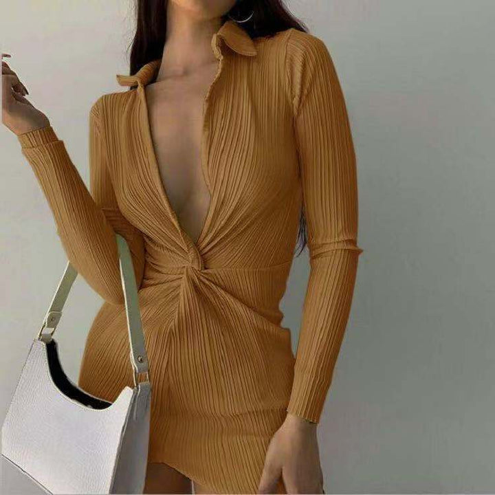 Pleated dress for women with deep V-neck and long sleeves Lune London