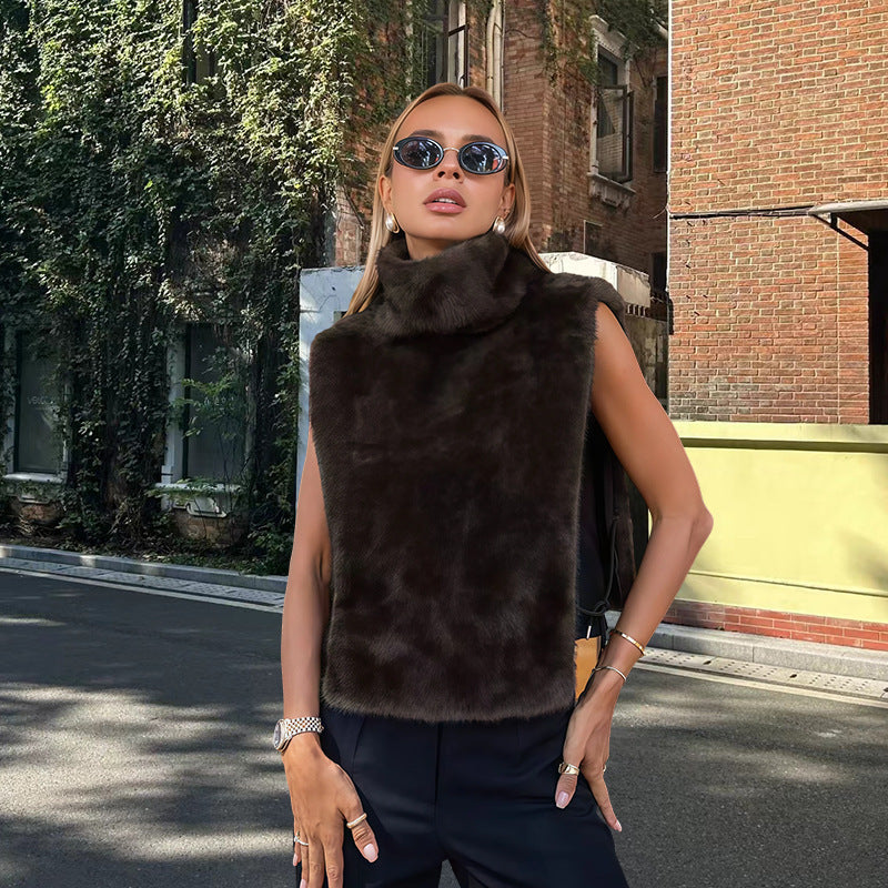 Women’s Sleeveless Faux Fur Vest with High Wrap Collar and Short Cut Amarae