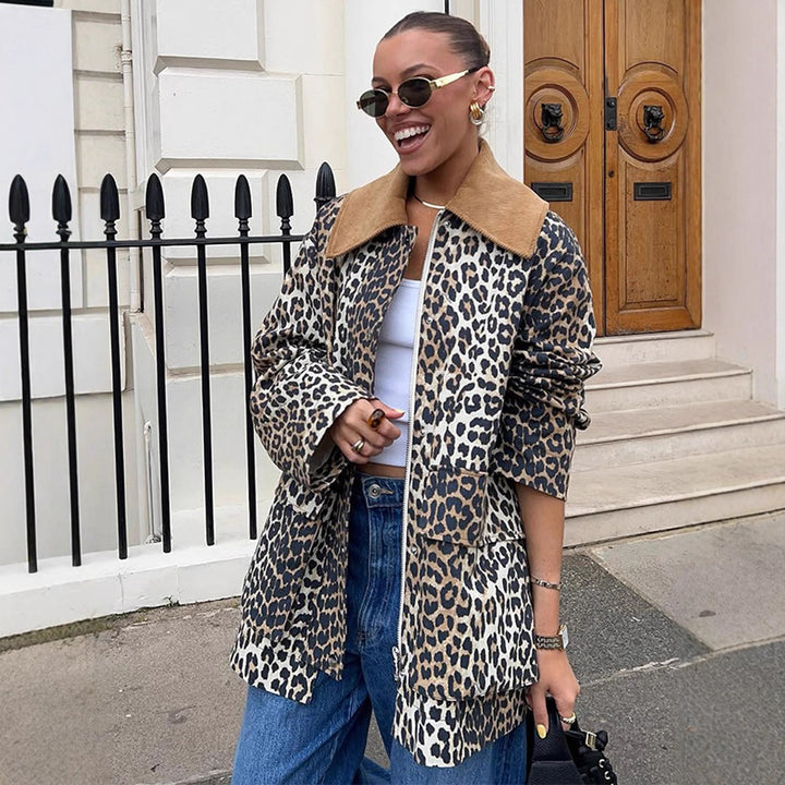 Women's Oversize Field Jacket with Leopard Print and Contrasting Cord Collar Amarae