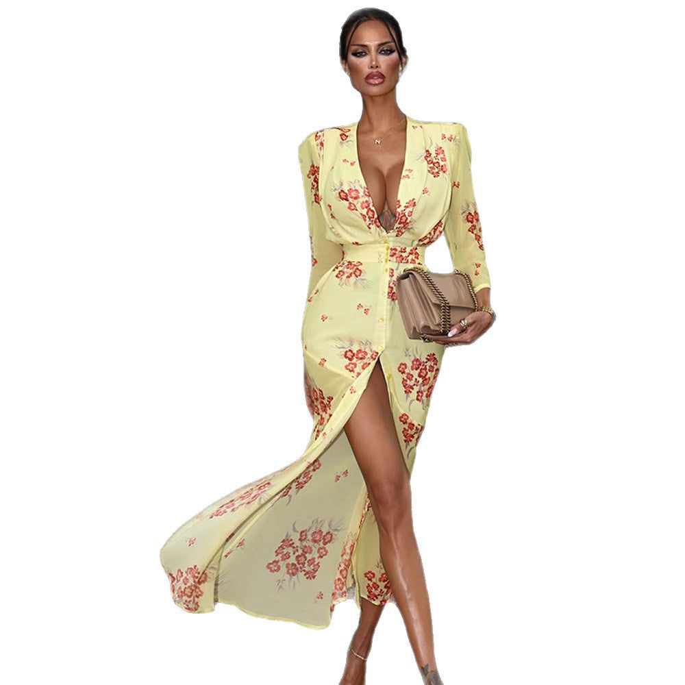 Women's maxi dress with deep V-neckline, tailored corset and high leg slit Amarae