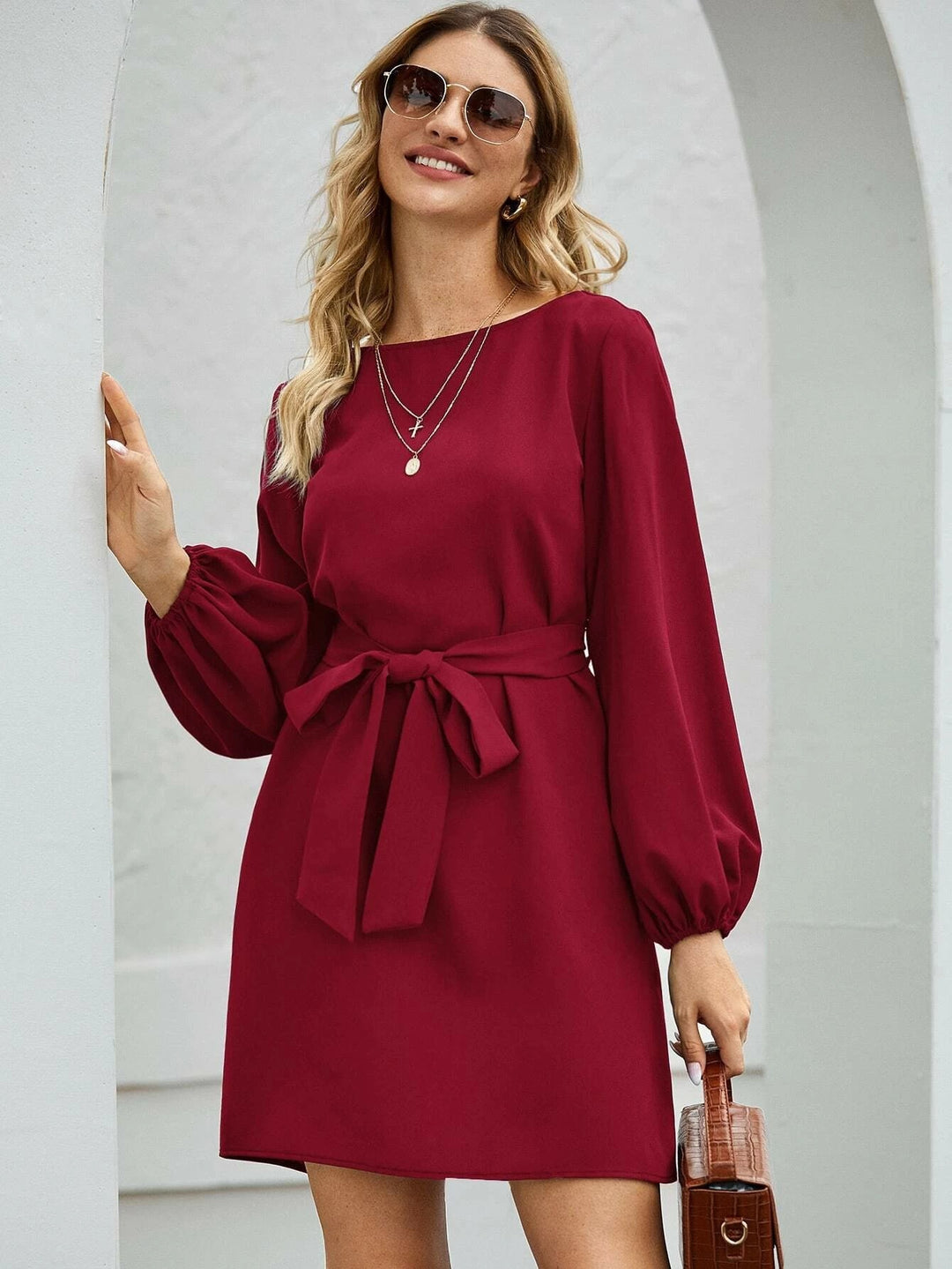 Ladies Elegant Dress with Balloon Sleeves and Waist Belt Lune London
