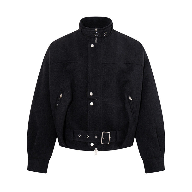 Women's short wool bomber jacket with high stand collar, waist belt and concealed zipper Amarae
