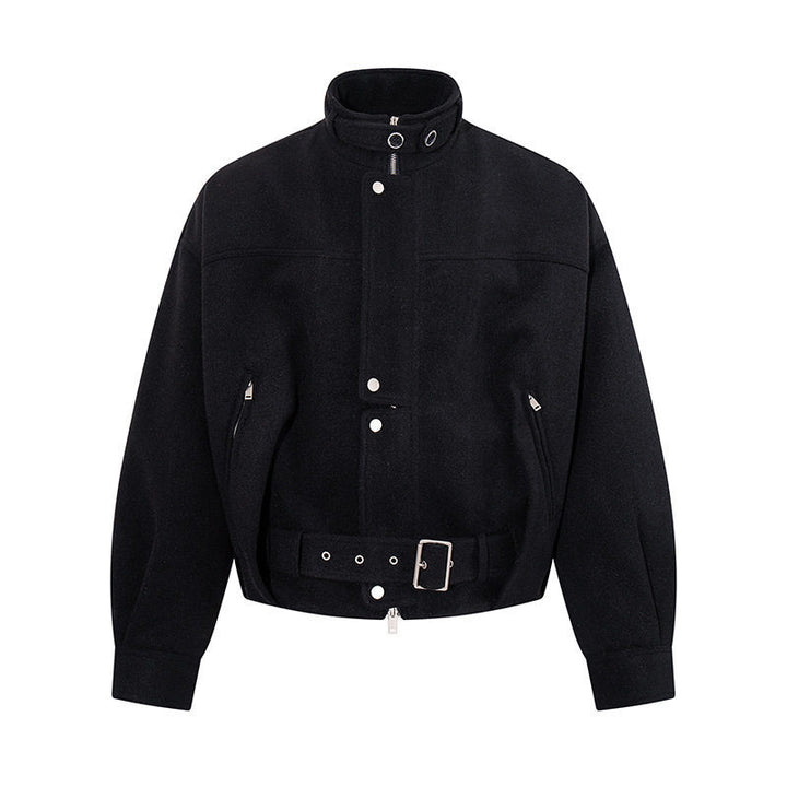 Women's short wool bomber jacket with high stand collar, waist belt and concealed zipper Amarae