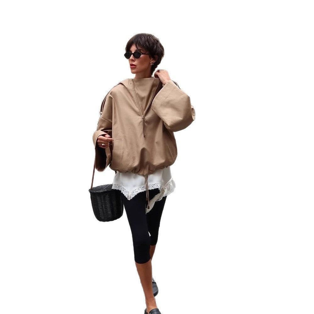 Women's Oversize Hoodie Jacket with Half Zipper and Shoulder Yoke Amarae
