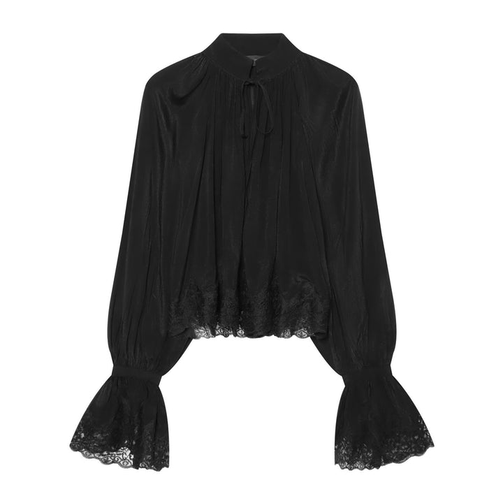 Women's Transparent Blouse with Stand Collar, Ruffle Sleeves and Lace Trim Amarae