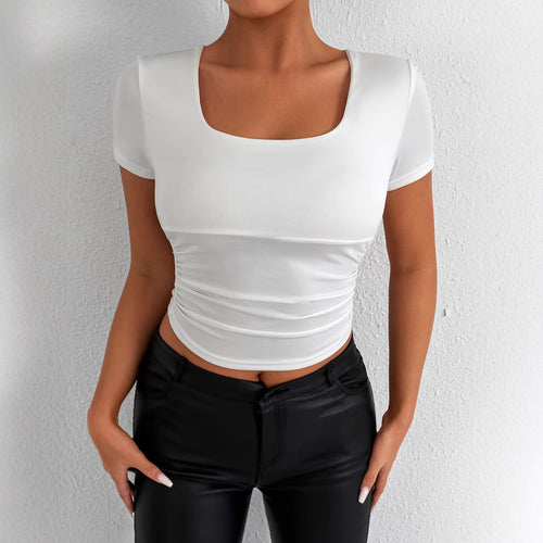 Women's Refined Short Sleeve Top with Square Neckline and Ruched Hem Amarae
