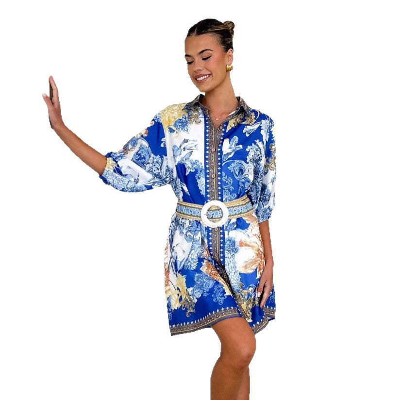 Ladies' blouse dress with floral pattern and waist belt Lune London