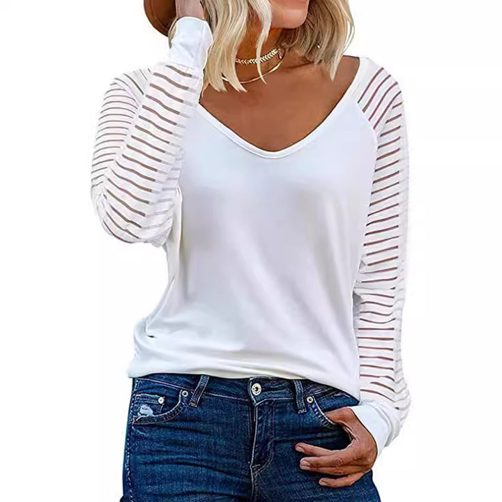 Woman V-neck top with transparent striped sleeves Lune London