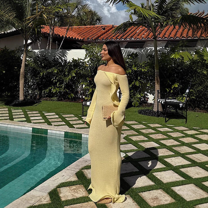 Women's Figure-Hugging Knit Maxi Dress with Off-the-Shoulder Neckline and Flared Sleeves Amarae