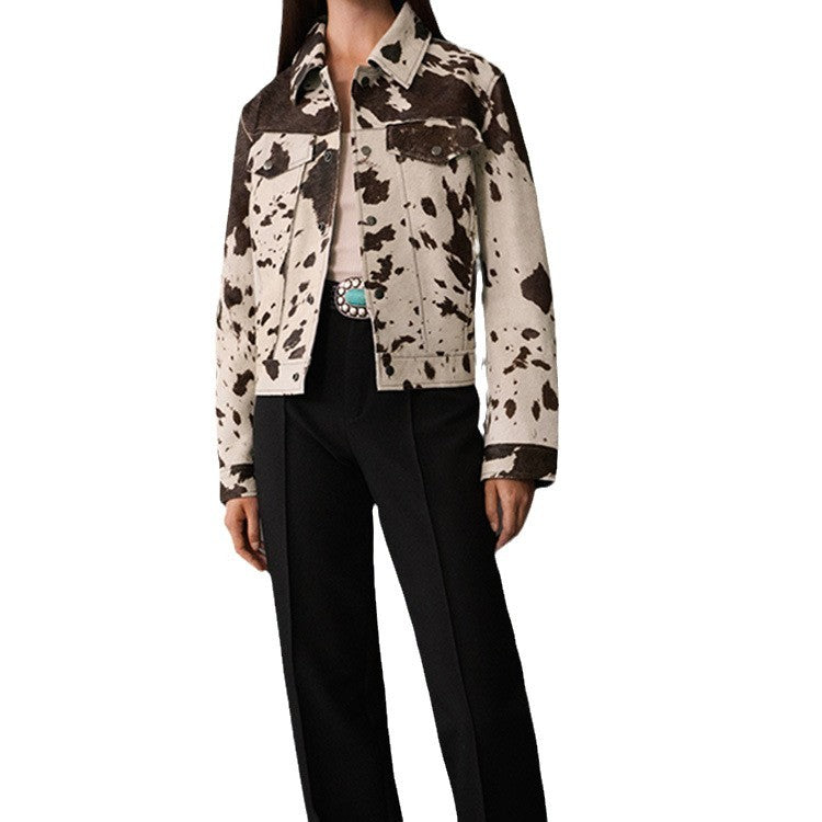 Casual women's denim jacket with cow print and structured accents Lune London