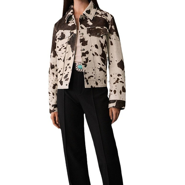 Casual women's denim jacket with cow print and structured accents Lune London