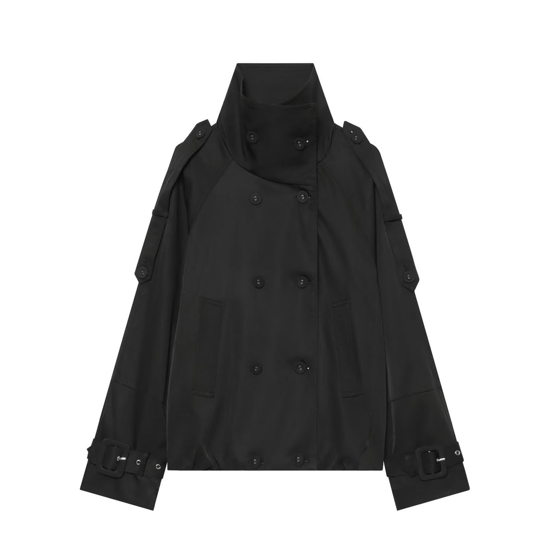 Women's Short Cape Trench with High Funnel Collar and Adjustable Sleeve Straps Amarae