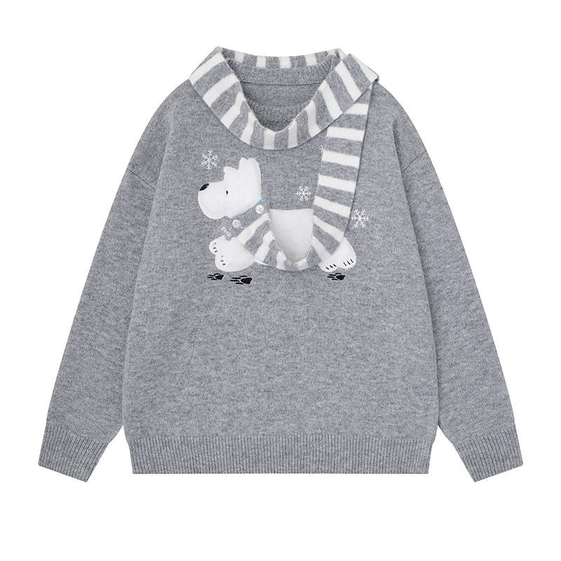 Women's Cozy Knit Sweater with Polar Bear Applique and Integrated Striped Scarf Amarae