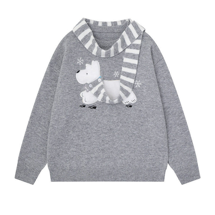 Women's Cozy Knit Sweater with Polar Bear Applique and Integrated Striped Scarf Amarae