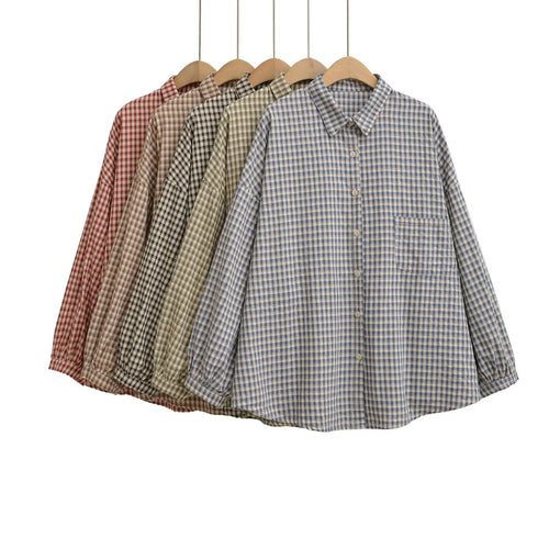 Casual checkered blouse for women with off-the-shoulder and large buttons Amarae