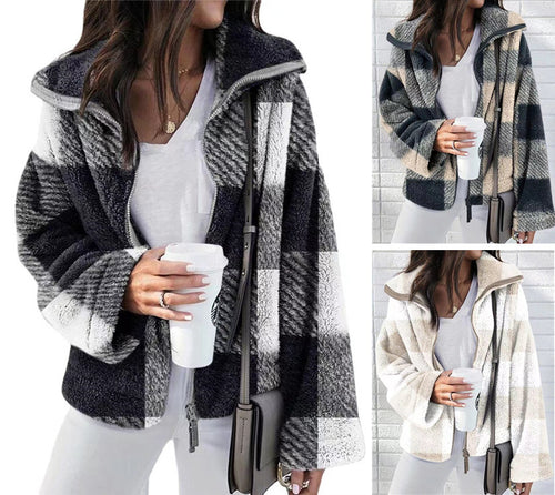 Ladies sweatshirt jacket with checkered pattern and high collar Amarae
