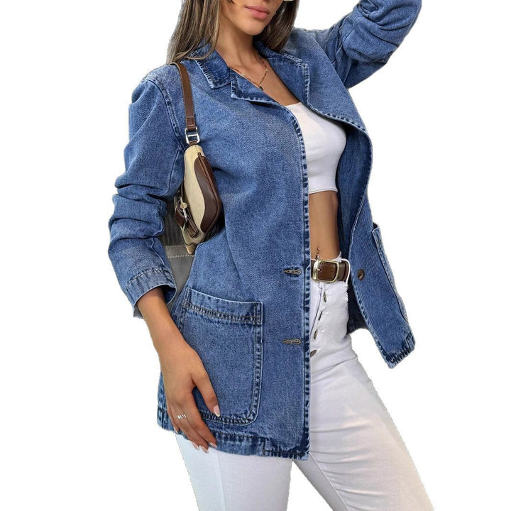 Ladies Longline Denim Jacket with casual oversized cut and patch pockets Amarae