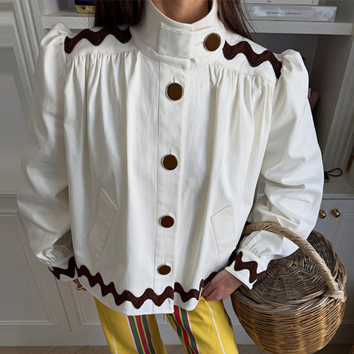 Ladies short jacket with stand-up collar, decorative wave edge and decorative button placket Amarae
