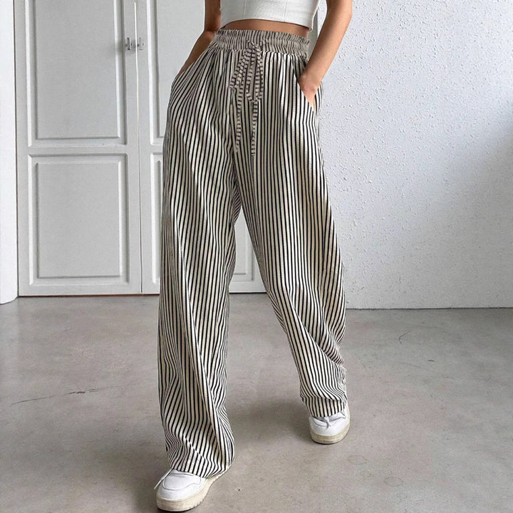 Wide striped pants for women with elastic waist and practical pockets Lune London