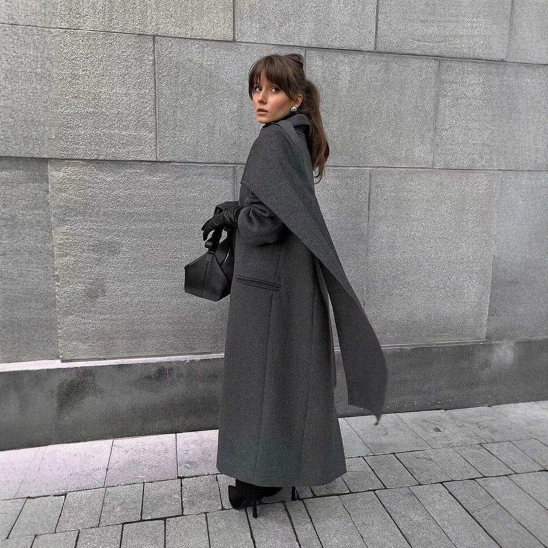 Women’s Extra Long Wool Blend Coat with Integrated Scarf Amarae