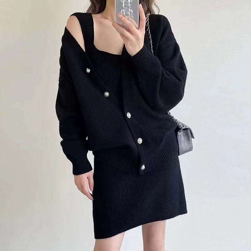 Robe longue en tricot pour femme avec décolleté en V profond et patte de boutonnage décontractée Chic & Stil